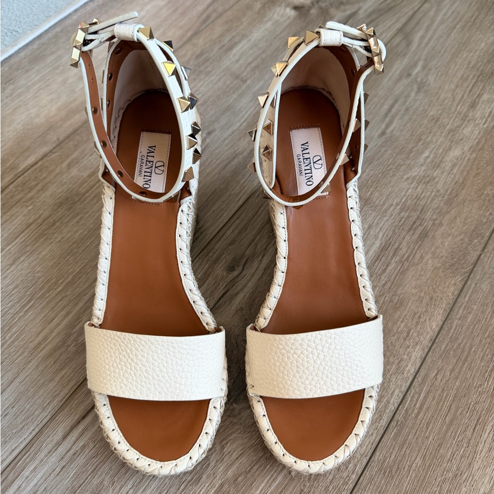 Valentino Double Rockstud Grainy Calfskin Wedge Sandal